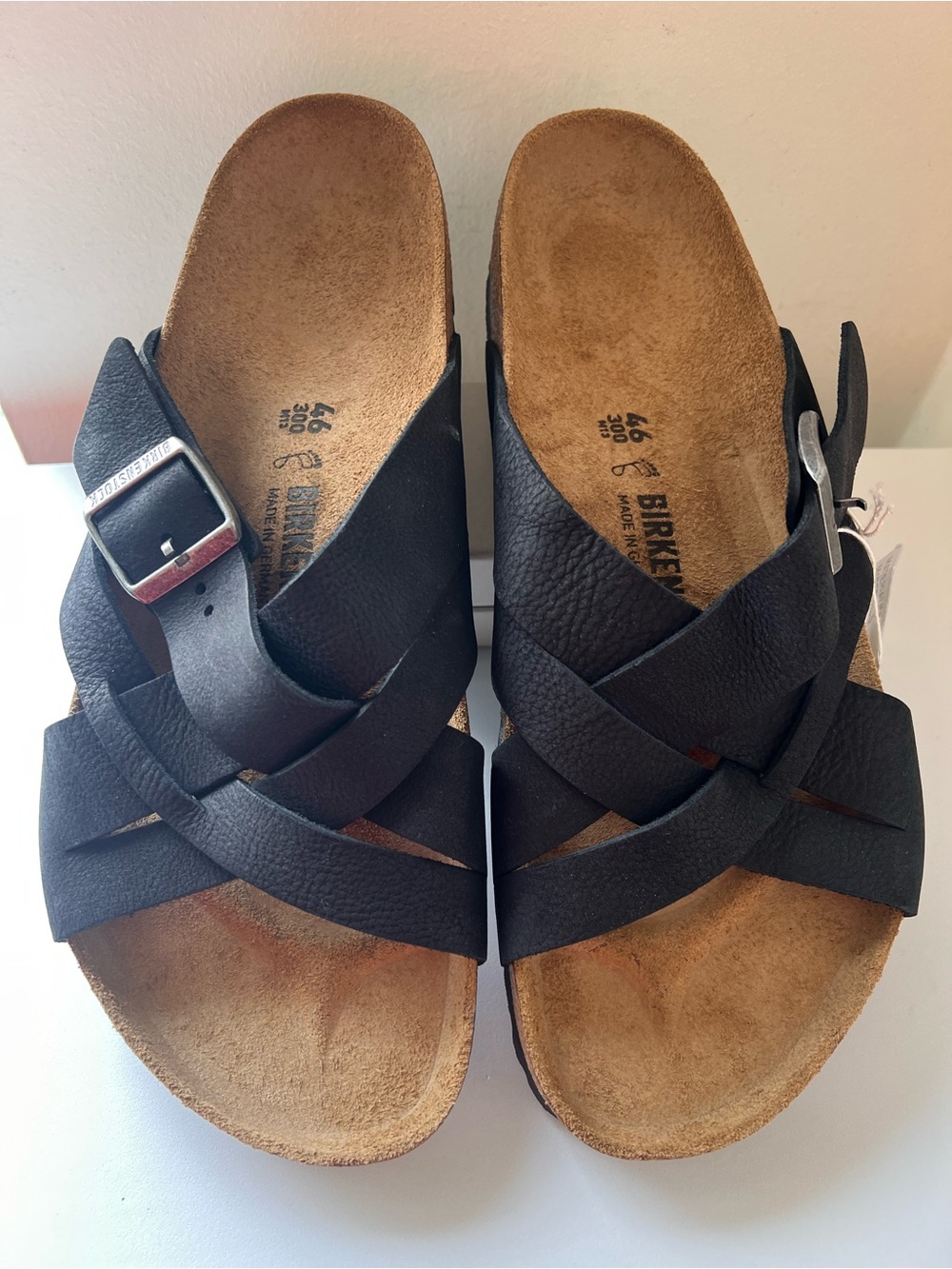 Birkenstock Black Leather Crisscross Slide Sandals